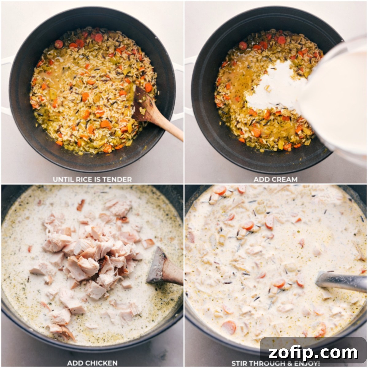 Close-up view of heavy cream being poured into a pot of simmering wild rice and vegetables, followed by the addition of tender diced chicken, illustrating the final simple steps of making the Creamy Chicken and Wild Rice Soup.