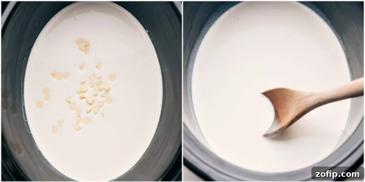 White chocolate chips being added to a pot of half-and-half, melting together until smooth for the hot chocolate preparation.