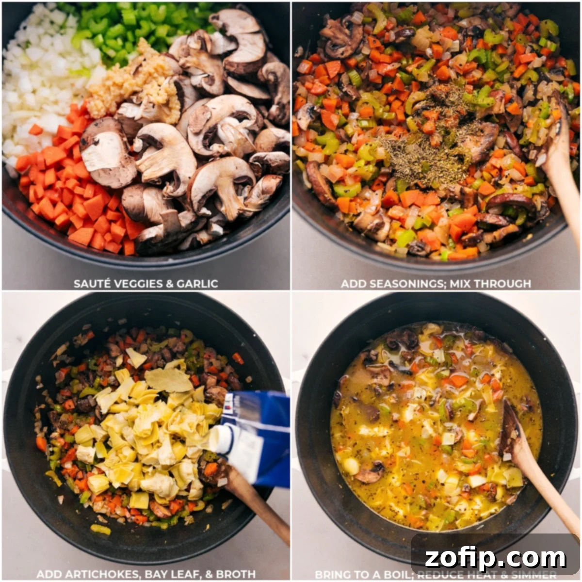 Cooking Process: Sautéing Veggies with Garlic, Adding Seasonings and Broth for Simmering A large pot on the stove, filled with finely diced onions, carrots, celery, and mushrooms sautéing in butter and olive oil, with minced garlic just added. The vegetables are softened and translucent, emitting a fragrant steam as they cook, ready for seasonings and broth to be introduced.