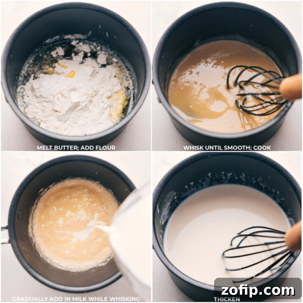 Cooking Step: Melting Butter, Adding Flour, and Whisking with Milk Until Thick Close-up shot of butter melting in a saucepan, followed by flour being whisked in to create a smooth roux. The next step shows milk being gradually added and whisked until the mixture transforms into a thick, creamy sauce, indicating the perfect consistency for soup thickening.