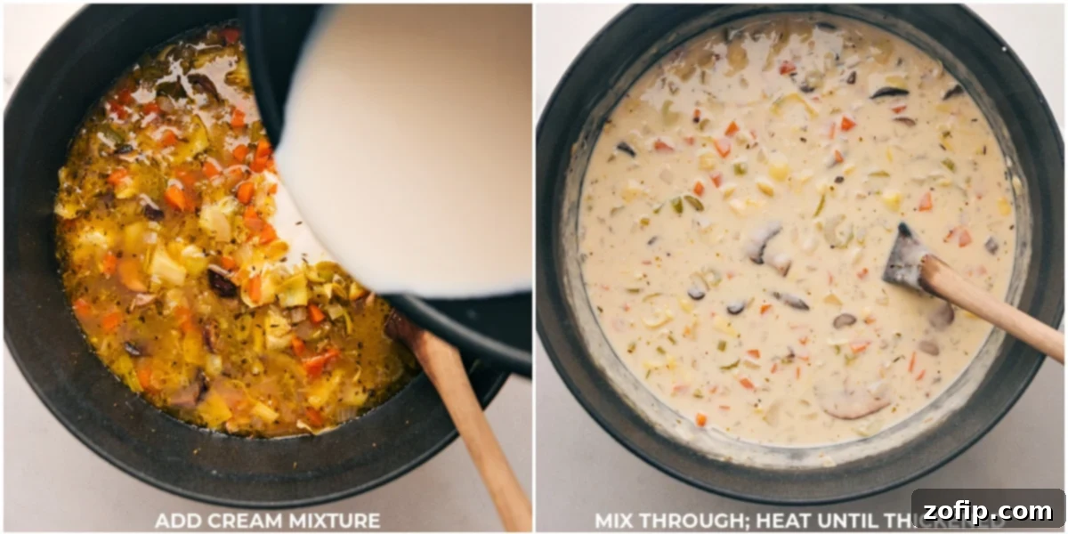 Adding Cream to Mixture and Heating Until Thickened for a Rich Soup Texture A stream of rich, white heavy cream being poured into a large pot filled with a golden, simmering vegetable mixture, creating beautiful swirls as it integrates, signifying the final step in achieving a thick, luxurious soup texture.