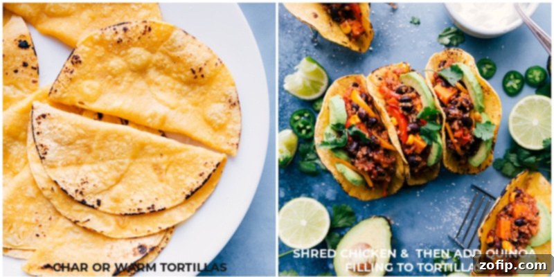A visual guide showing tortillas being lightly charred over an open flame, followed by an image of the finished Slow Cooker Quinoa Fajita filling being spooned into the warmed tortillas, ready for assembly.