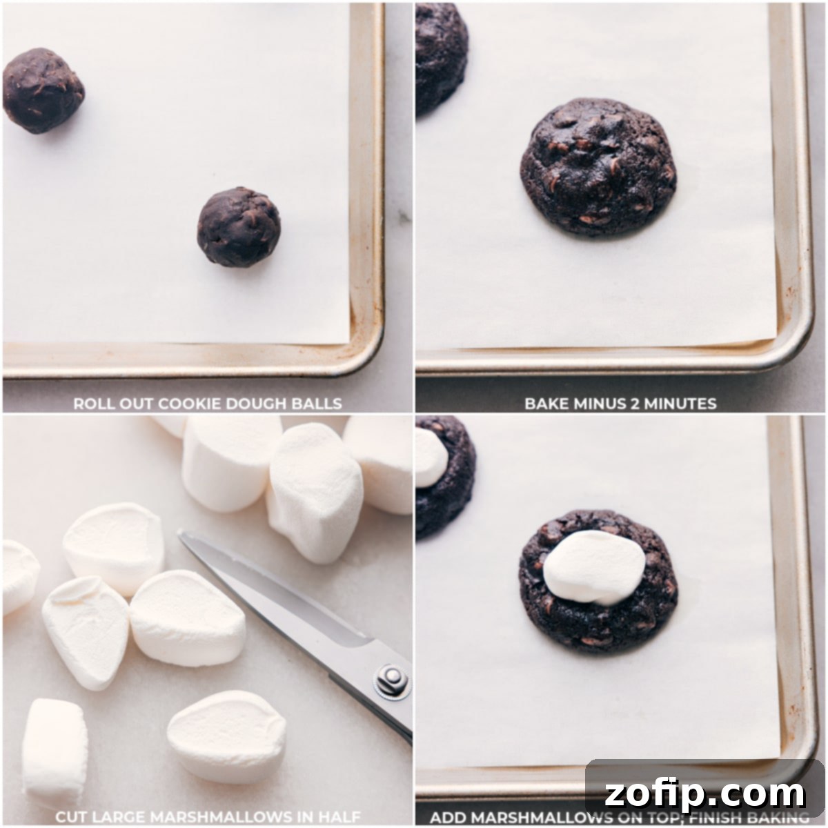 Process of making Chocolate Marshmallow Cookies: dough being rolled and baked, then marshmallows being halved and placed on warm cookies.