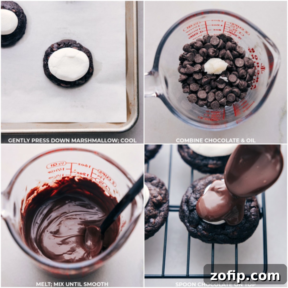 Melted marshmallow being pressed onto baked cookies and smooth chocolate being drizzled over the marshmallow topping.