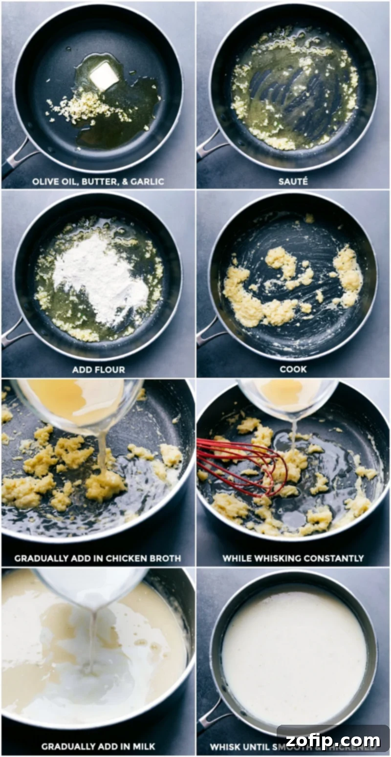 Heating olive oil, butter, and garlic, sautéing, adding flour, cooking for several minutes, stirring in broth, whisking to thicken, gradually whisking in milk, and stirring until thickened and smooth.