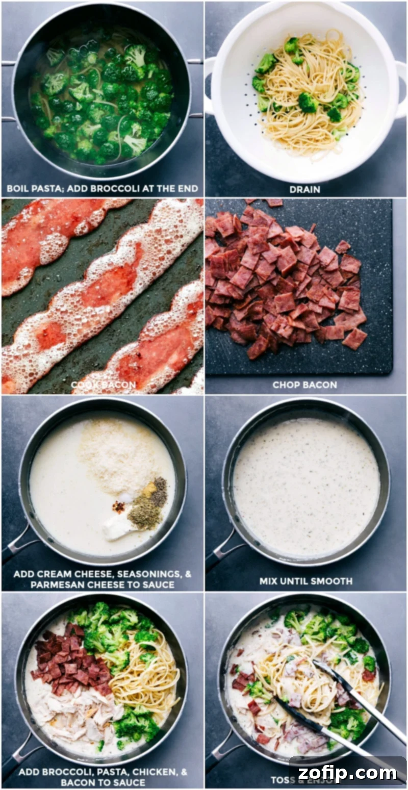Boiling pasta and adding broccoli at the end, draining, cooking bacon, chopping it, adding cream cheese, seasonings, and parmesan cheese to the sauce, mixing until smooth, adding pasta, broccoli, bacon, and chicken to the sauce, mixing, and enjoying the chicken alfredo with broccoli.