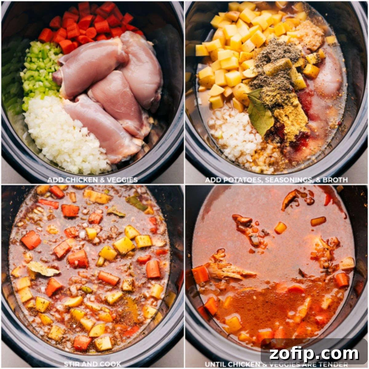 Making Crockpot Chicken Stew Chicken, veggies, potatoes, seasonings, and broth all being added to a crockpot for this Crockpot Chicken Stew.