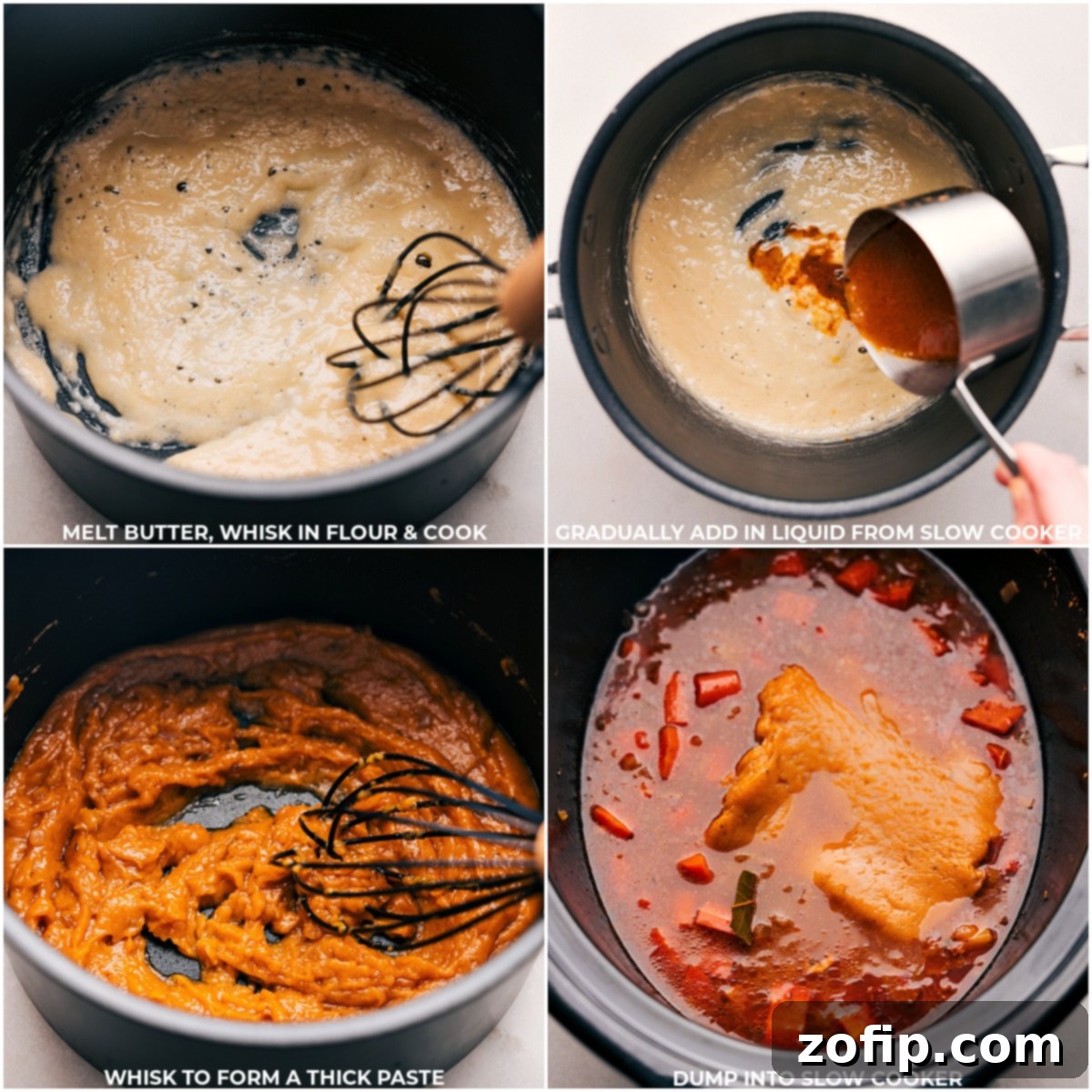 Making The Best Crockpot Chicken Stew Butter and flour being whisked together and poured into the slow cooker for a roux.
