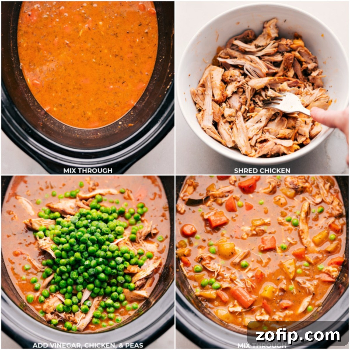 Delicious Slow Cooker Chicken Stew Chicken being removed from the cooked stew and shredded then added back with the vinegar and peas.