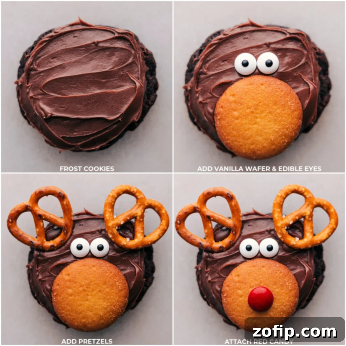 Decorating Reindeer Cookies - Simple Steps for a Magical Holiday Treat Step-by-step guide showing how to decorate a Reindeer Cookie, from spreading frosting to adding candy eyes, vanilla wafer for the face, pretzel antlers, and a bright red candy nose.