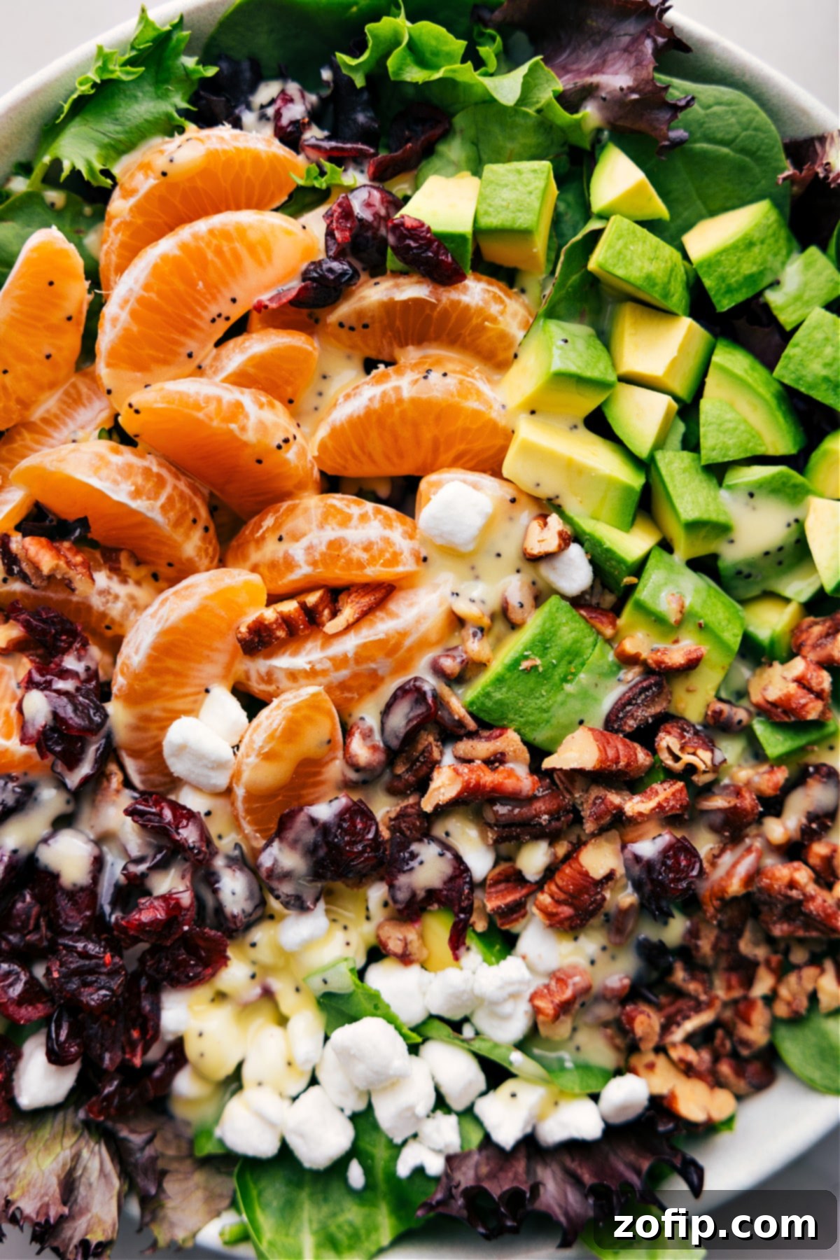 A freshly dressed salad with lemon poppy seed dressing, ready to be enjoyed.