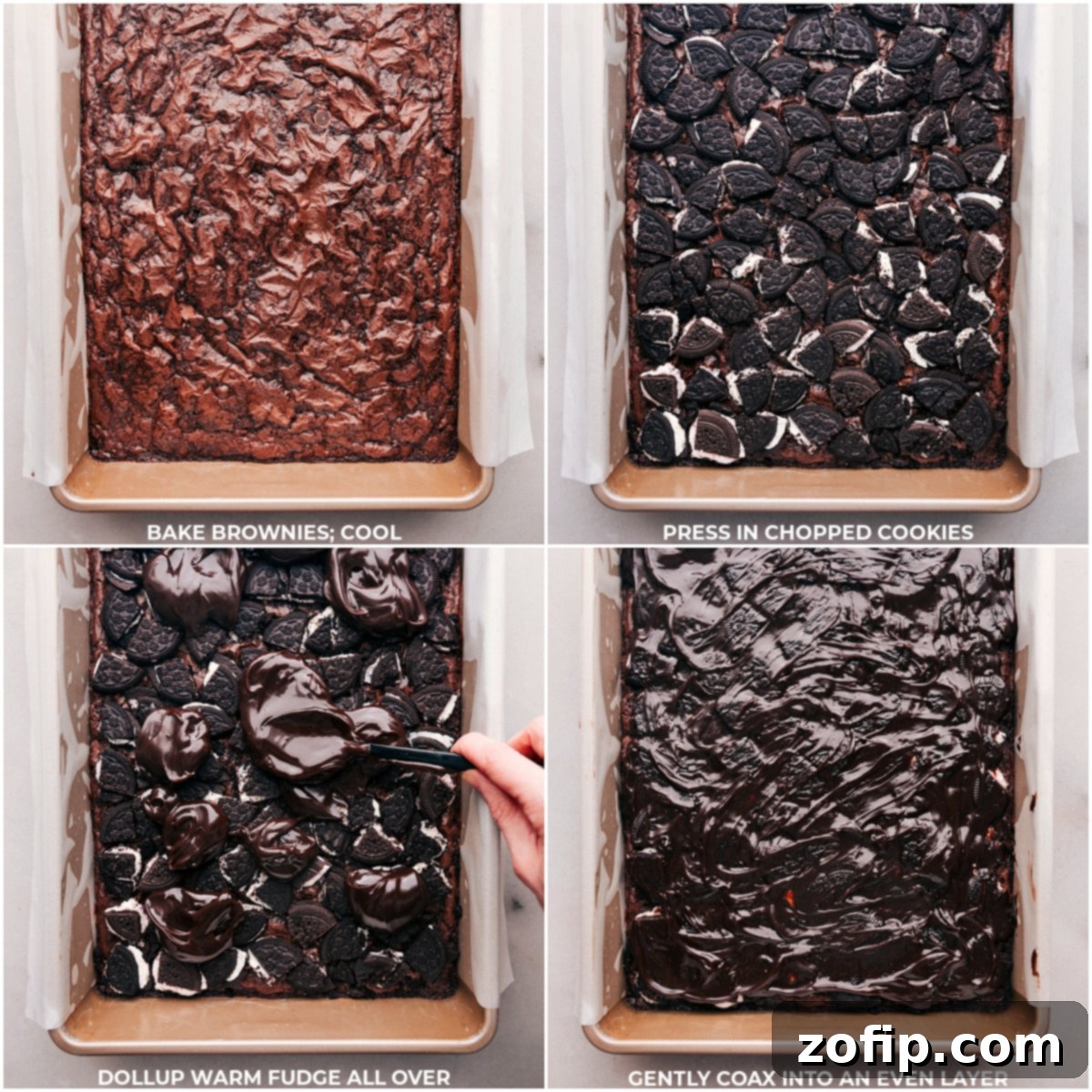 A step-by-step visual of the layering process for Peppermint Brownie Ice Cream Bars. First, a pan of freshly baked brownies cools. Next, chopped peppermint Oreos are pressed onto the brownie layer. Finally, a smooth, warm layer of chocolate fudge is spread over the Oreos, preparing the base for the next delicious additions.