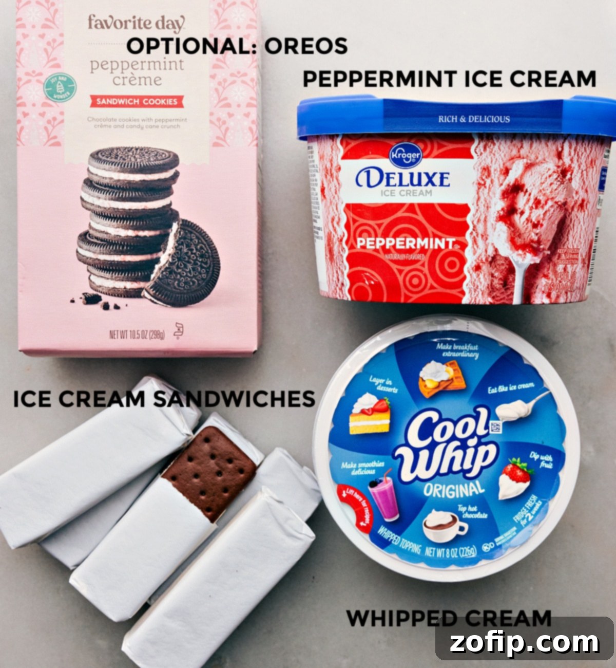 Simple Ingredients for Peppermint Ice Cream Bars All the essential ingredients for making these easy Peppermint Ice Cream Bars, including vanilla ice cream sandwiches, peppermint ice cream, whipped topping, and optional crushed Oreos and peppermint candies for garnish.