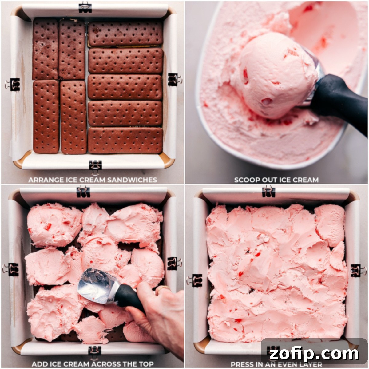 Building Layers of Peppermint Ice Cream Bars Step-by-step process of assembling Peppermint Ice Cream Bars: placing ice cream sandwiches, spreading softened peppermint ice cream, and pressing layers together for a perfect fit.