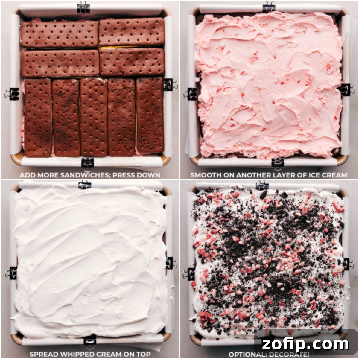 Decorating Peppermint Ice Cream Bars with Toppings The final steps of making Peppermint Ice Cream Bars, featuring the spread whipped cream topping and a generous scattering of crushed Oreos and festive mint candies for a perfect holiday dessert presentation.