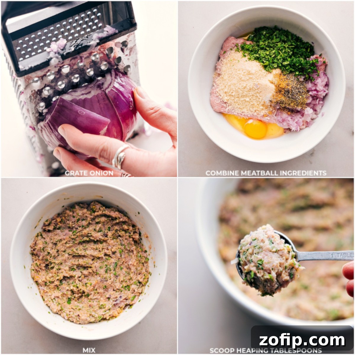 Hands gently combining all the Greek Turkey Meatball ingredients in a large mixing bowl to form the flavorful mixture.
