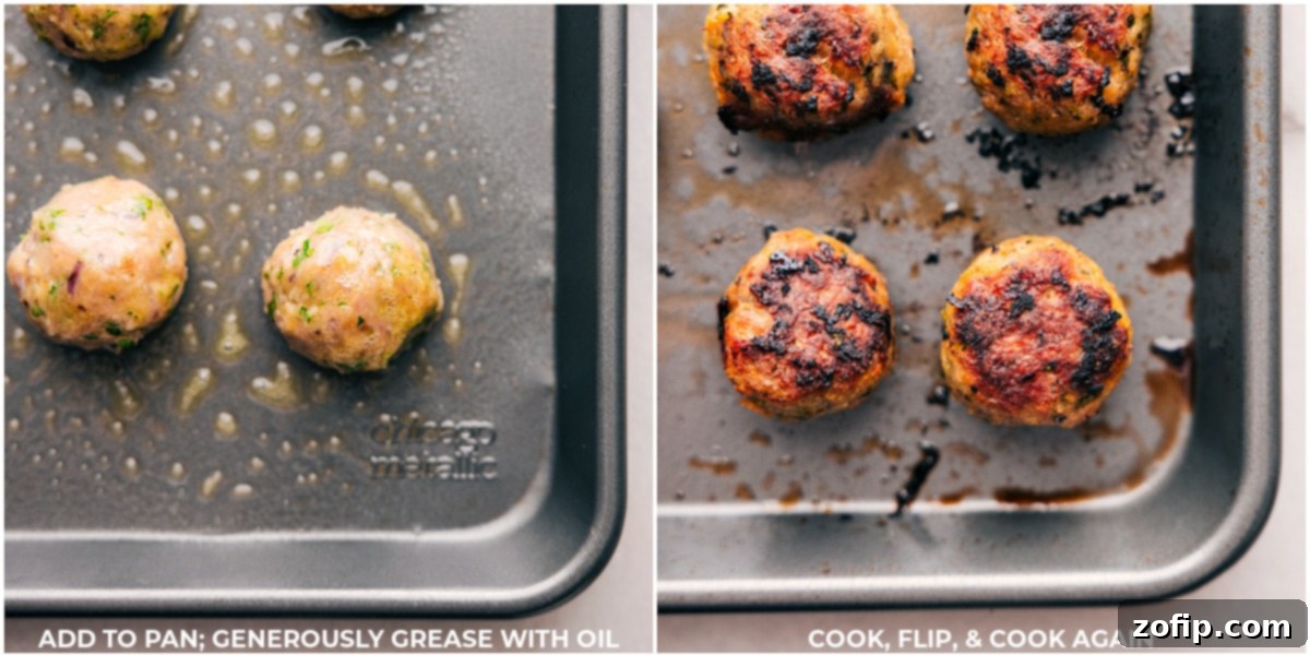 Greek Turkey Meatballs baking in the oven on a sheet pan, then shown flipped halfway through the baking process for even browning.