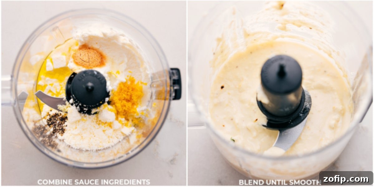 All the ingredients for the creamy feta sauce being combined and blended in a food processor until smooth and luscious.