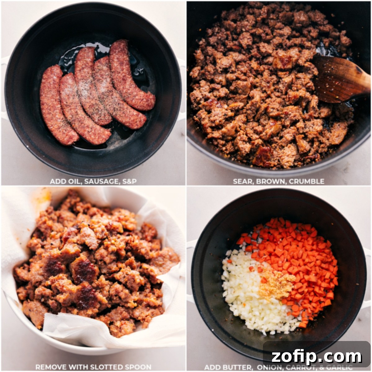 Step-by-step image of browning Italian sausage, followed by sautéing onions, carrots, and garlic in a large pot for the soup base.