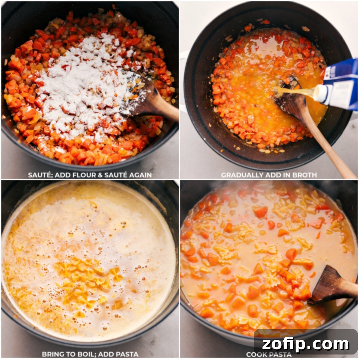 Flour and chicken broth being gradually added to the sautéed vegetables, followed by the pasta, all simmering together to create a rich Italian Sausage Pasta Soup.