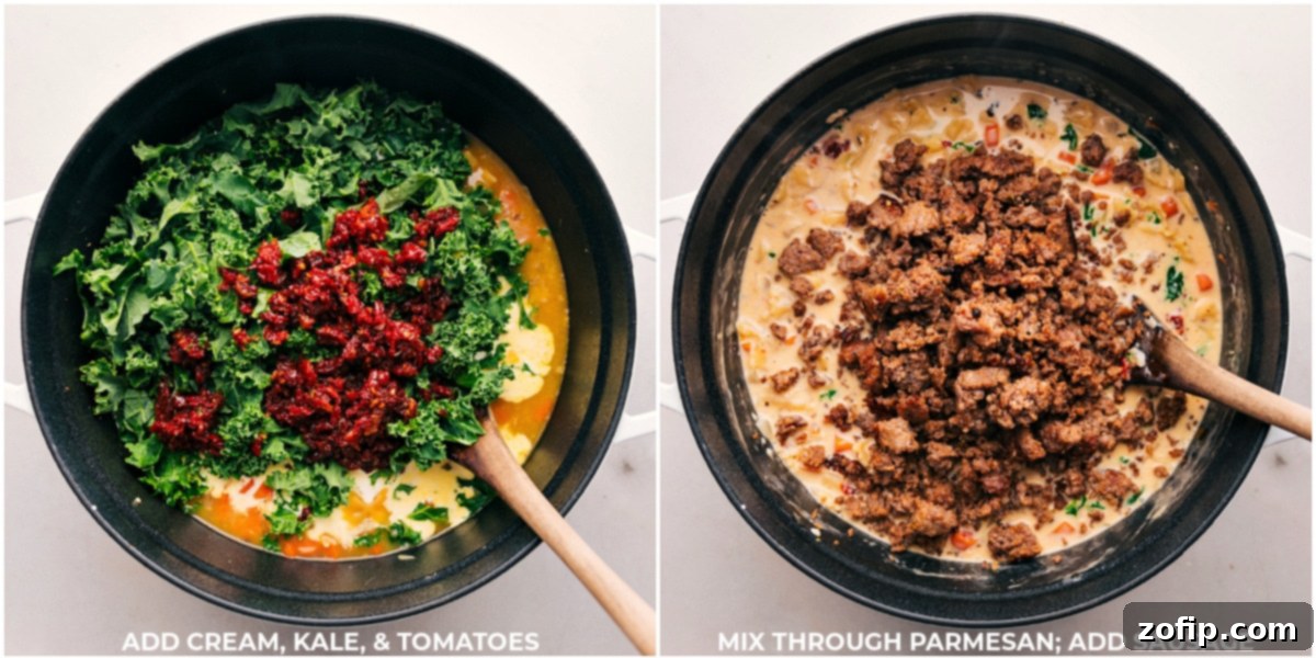 Finishing touches: Adding heavy cream, vibrant kale, flavorful sun-dried tomatoes, and the cooked Italian sausage back into the simmering soup.