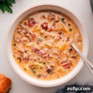A beautifully presented bowl of Tuscan Sausage and Potato Soup, rich and creamy, generously filled with savory sausage, tender potatoes, and vibrant sun-dried tomatoes, making it a truly satisfying and warm meal.