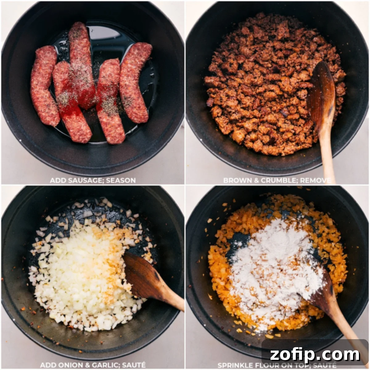 A step-by-step visual of the initial cooking process for Tuscan Sausage and Potato Soup: adding ground Italian sausage to a large pot, seasoning it generously, browning and crumbling the sausage, then incorporating chopped onion and minced garlic, followed by stirring in flour to create a rich base.