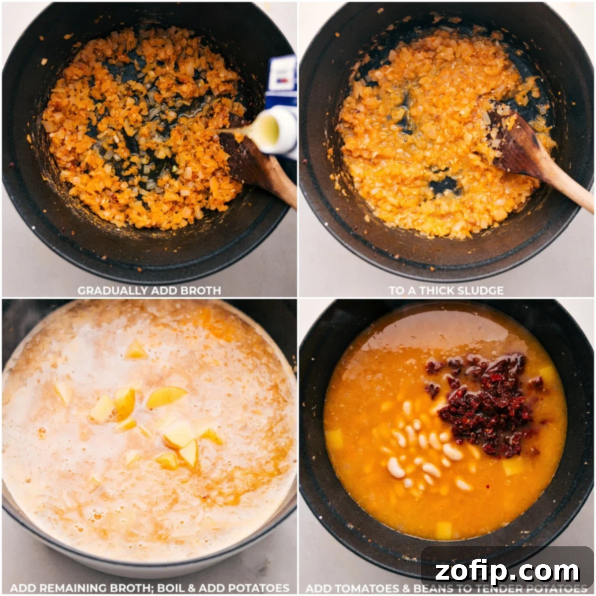 A large pot on the stove, depicting the process of adding chicken broth to the sautéed aromatics and flour, stirring well to combine, bringing the mixture to a boil, then incorporating diced gold potatoes, white beans, and sun-dried tomatoes into the simmering soup.