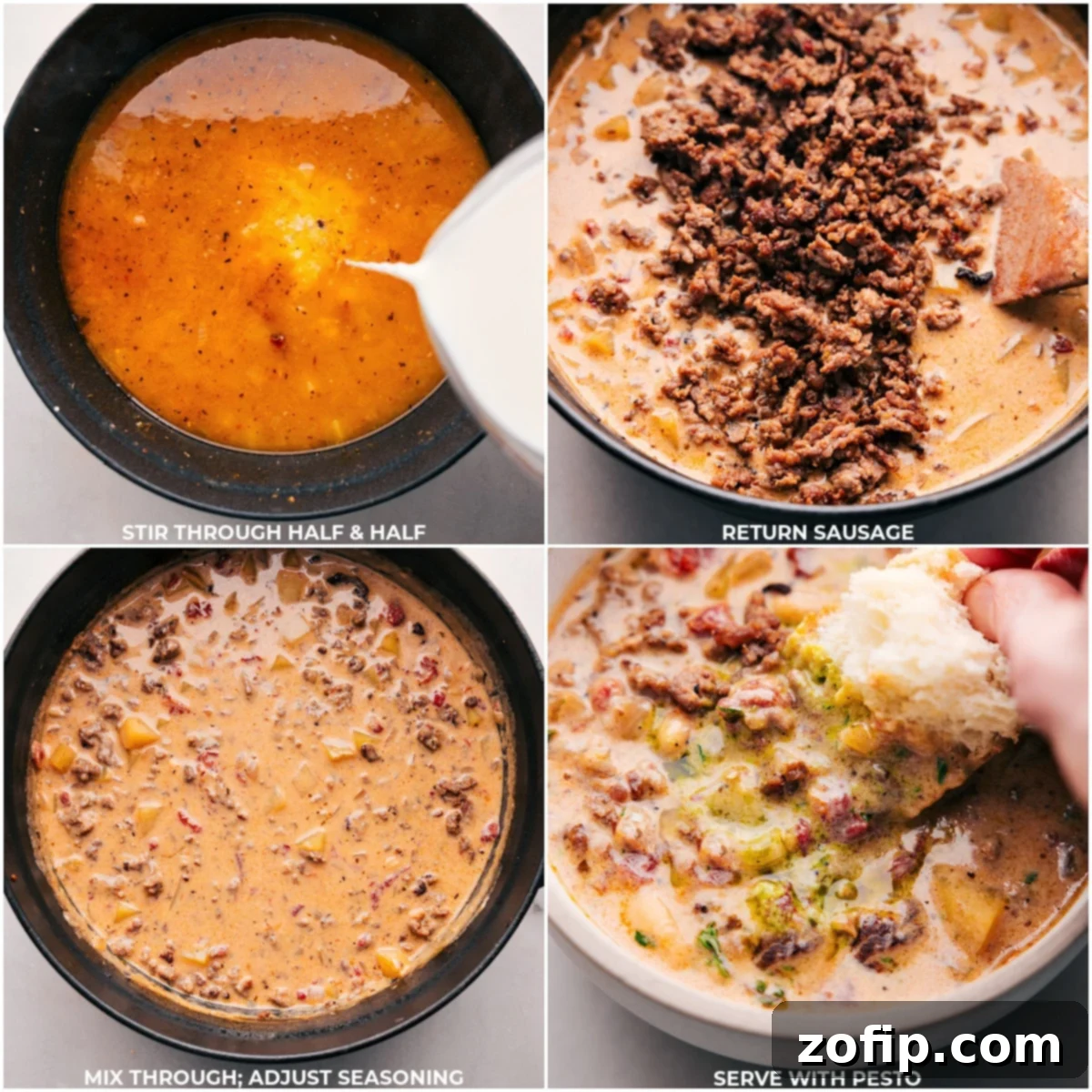 The final stages of preparing Tuscan Sausage and Potato Soup, showing half-and-half being stirred into the simmering broth, cooked sausage being returned to the pot and gently mixed in, and a bowl of the finished soup garnished with a generous drizzle of fresh basil pesto for enhanced flavor and presentation.