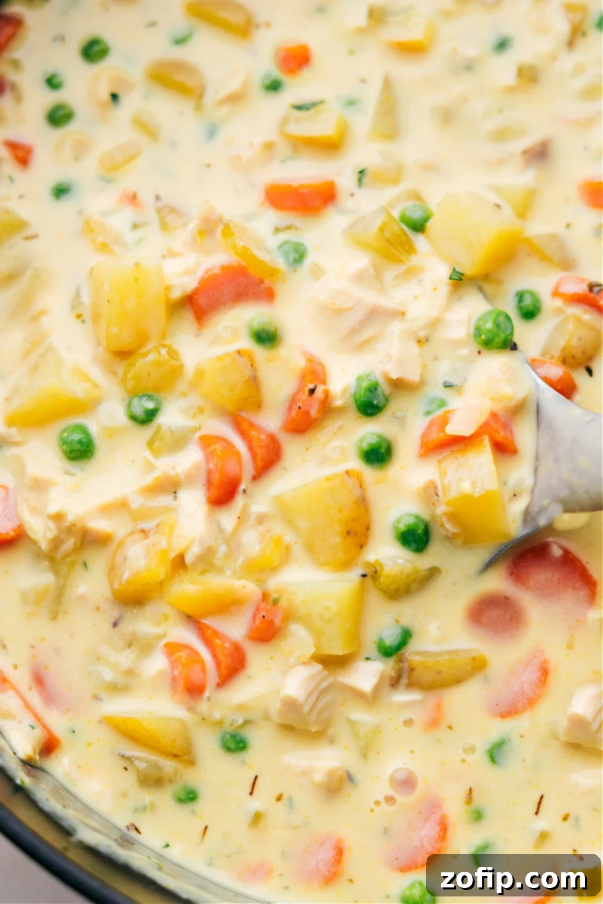 Warm and Delicious Curry Chicken Chowder A steaming bowl of rich and creamy Curry Chicken Chowder, garnished with vibrant fresh herbs, showcasing its hearty texture and an abundance of colorful, wholesome ingredients like tender chicken and chunky vegetables. It's the perfect meal for a cozy evening.