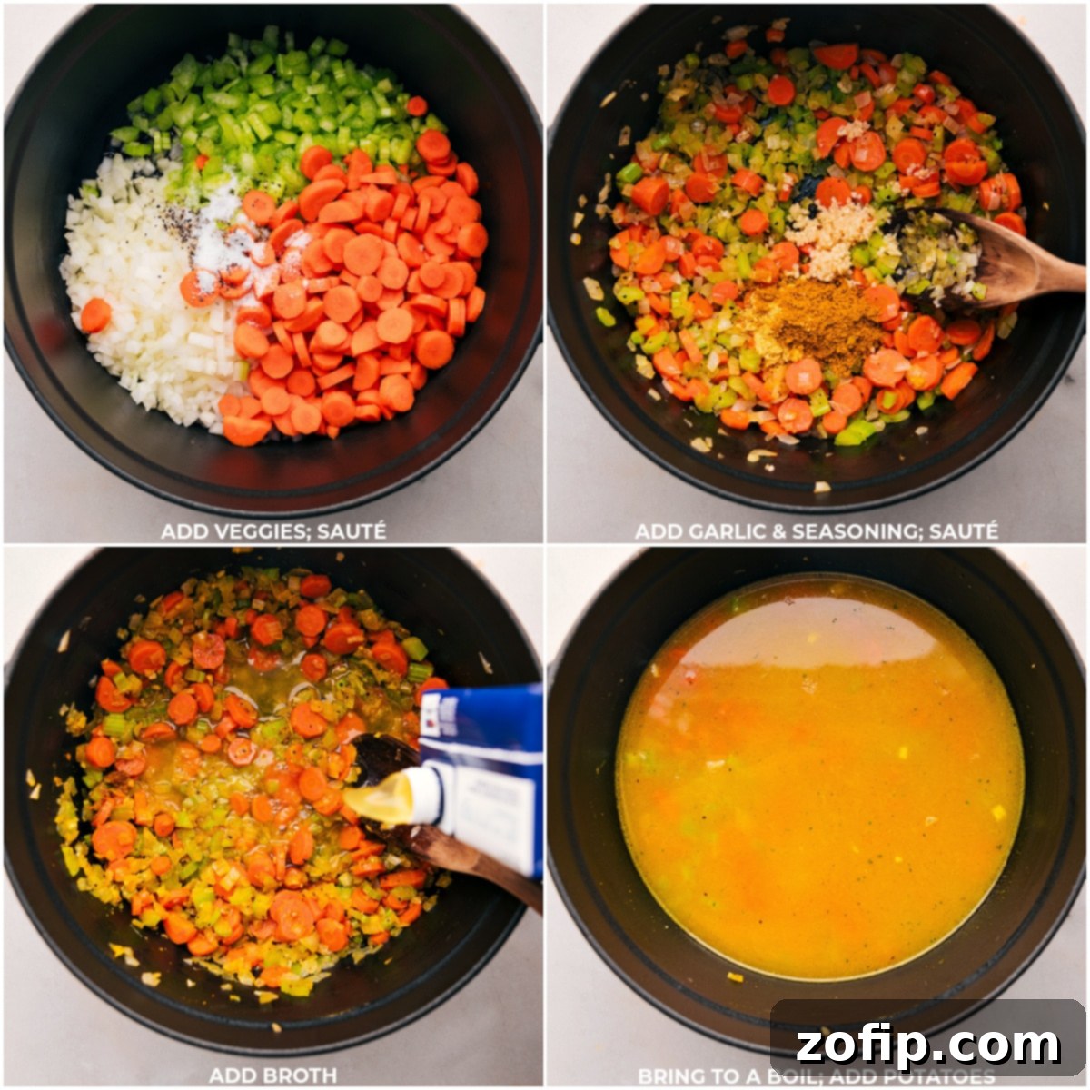 Sautéing Vegetables and Simmering for Curry Chicken Chowder A step-by-step image vividly depicting the initial stages of preparing Curry Chicken Chowder. It shows fresh, finely chopped vegetables like onions, carrots, and celery being gently sautéed in a large Dutch oven with olive oil, followed by the aromatic addition of seasonings and chicken broth. The mixture is then brought to a gentle boil before the diced gold potatoes are carefully added to simmer until they reach tender perfection.