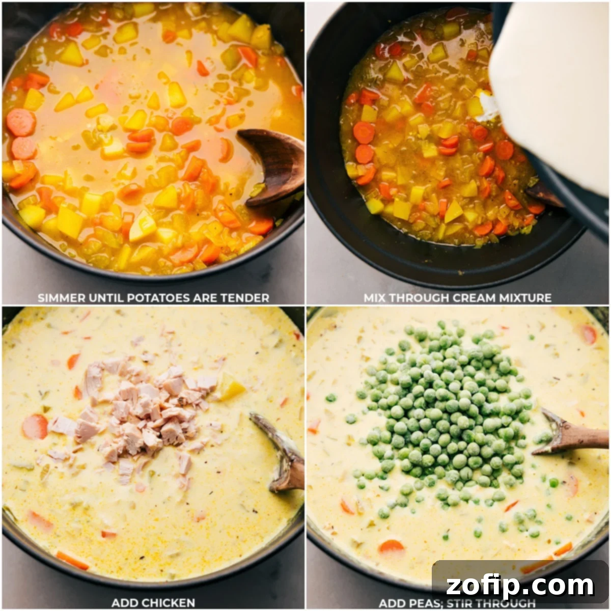 Finishing Touches: Incorporating Cream, Chicken, and Peas into Curry Chicken Chowder A close-up view of the final stages of preparing a hearty Curry Chicken Chowder, illustrating the creamy roux mixture being carefully stirred into the tender potato and vegetable base. Subsequently, succulent shredded chicken and vibrant green peas are added, gently mixed in, and heated through, culminating in a perfectly blended, rich, and comforting dish that's ready to be served.