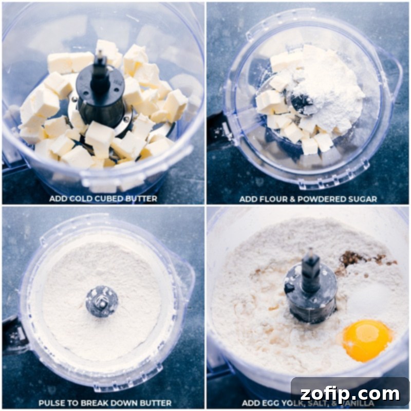Making the perfect Lemon Tart crust is simpler than you think! Follow these steps for a thick, sweet, and buttery foundation for your creamy lemon filling. #lemontartcrust #bakingfromscratch #dessertmaking #foodprocessorhacks Process shots showing how to make the lemon tart crust: cold cubed butter, flour, and powdered sugar are added to a food processor, pulsed, then egg yolk, salt, and vanilla are incorporated.