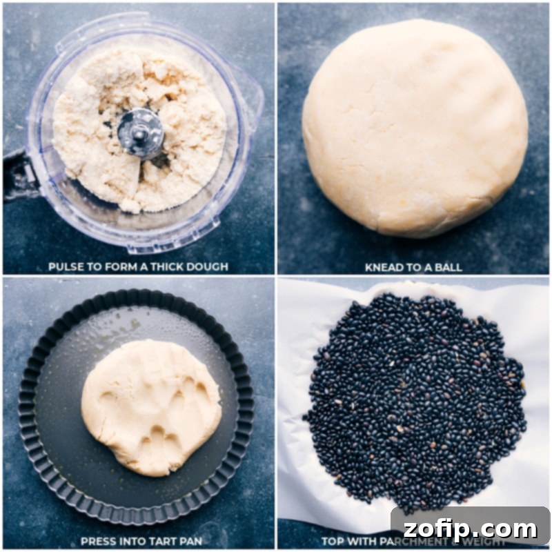 The crucial steps for a flawless Lemon Tart crust: from dough formation to pressing into the pan and preparing for par-baking with pie weights. Achieving a perfect, firm base is key! #tartcrust #blindbaking #lemontartprep #bakingtechniques Process shots showing the final steps of preparing the lemon tart crust: pulsing dough, forming a ball, pressing into the tart pan, and topping with parchment paper filled with pie weights for blind baking.