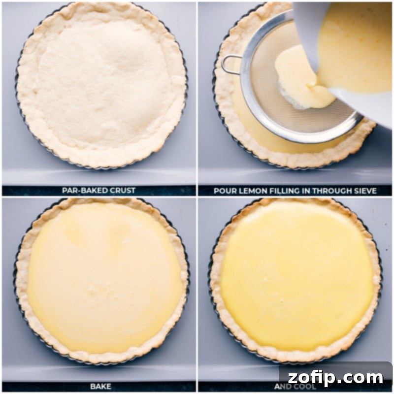 The moment of truth: Pouring the smooth, vibrant lemon filling into the par-baked crust before baking. This Lemon Tart will be your new favorite dessert! #lemonfilling #bakingprocess #homemadehappiness #dessertlover Process shots: Pouring silky lemon filling through a sieve onto the par-baked crust, then baking and cooling the finished lemon tart.