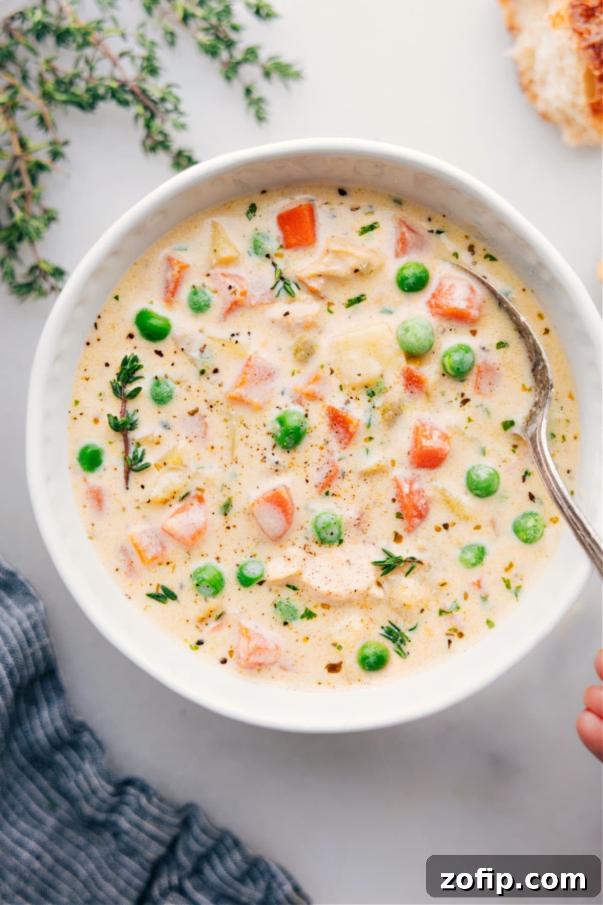 A steaming bowl of creamy chicken and potato soup, garnished with fresh herbs, ready to be savored.