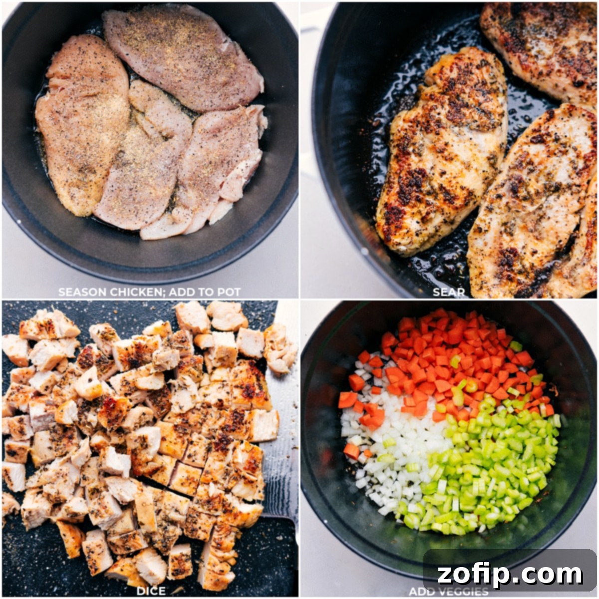 Cooking chicken in a large pot, then sautéing mirepoix vegetables, crucial steps for building flavor in chicken potato soup.