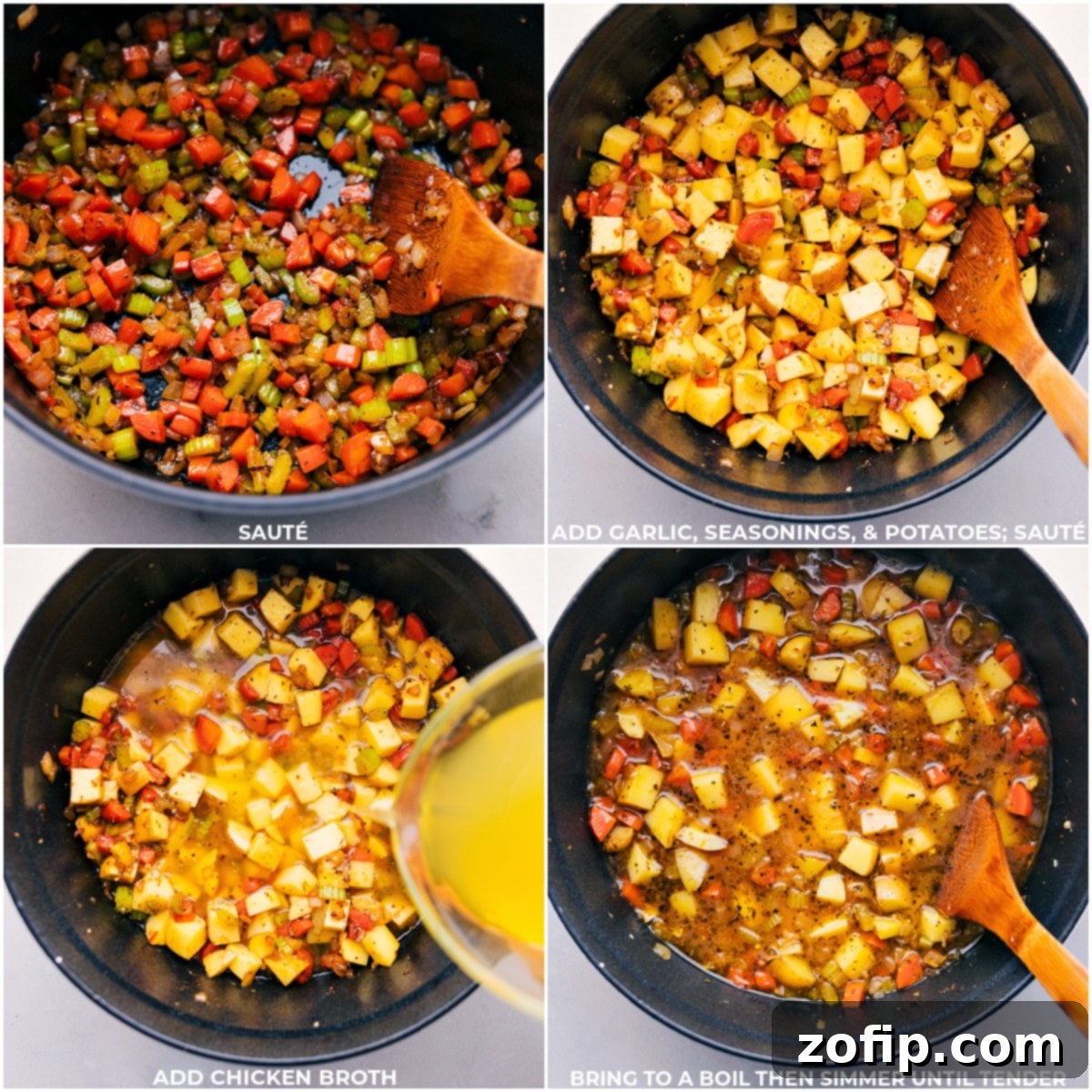 Vegetables sautéing, followed by seasoning and chicken broth, all simmering together to form the base of the creamy chicken and potato soup.
