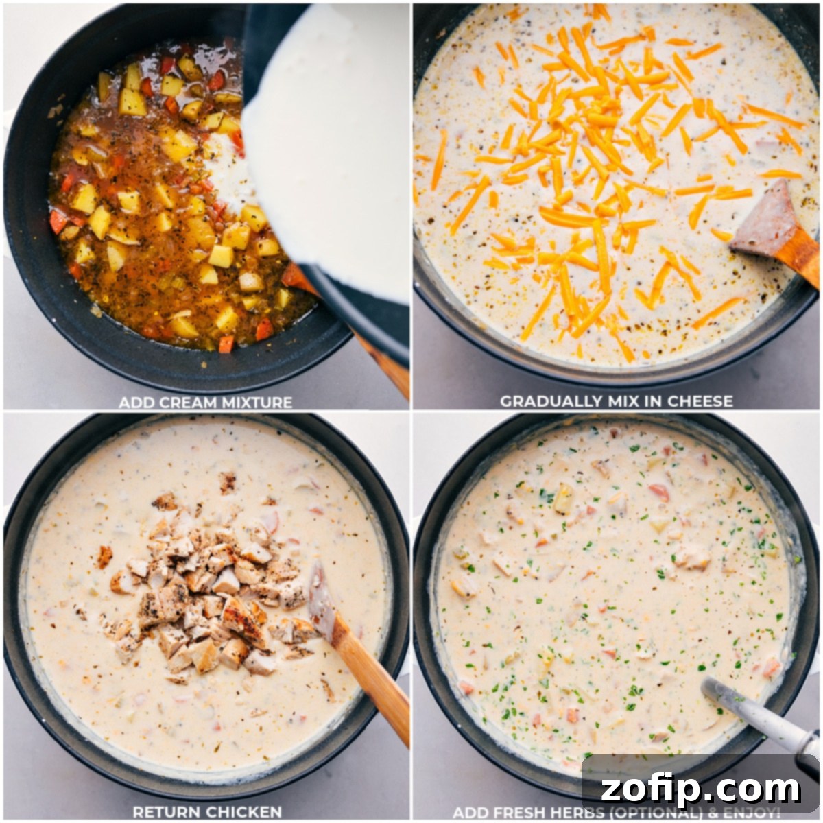 The final additions of cream mixture, shredded cheese, and tender chicken being stirred into the rich, creamy chicken and potato soup.