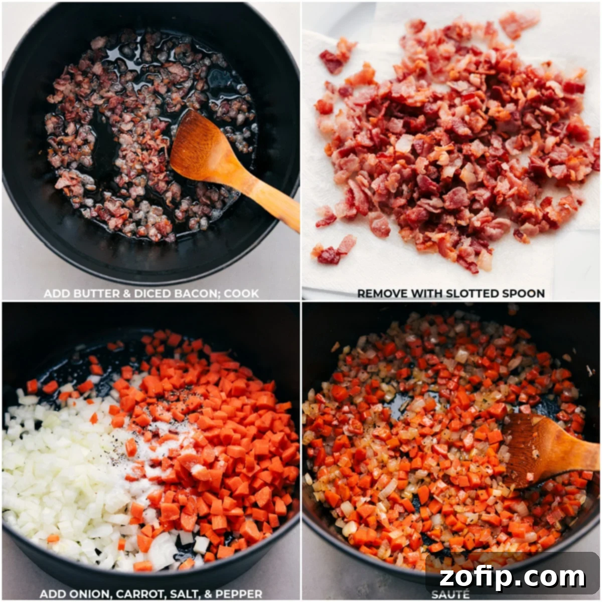 Cheesy Potato Soup is a vegetarian delight! Process shots of steps involved in making Cheesy Potato Soup, including chopping bacon, sautéing vegetables, and potatoes simmering in broth.