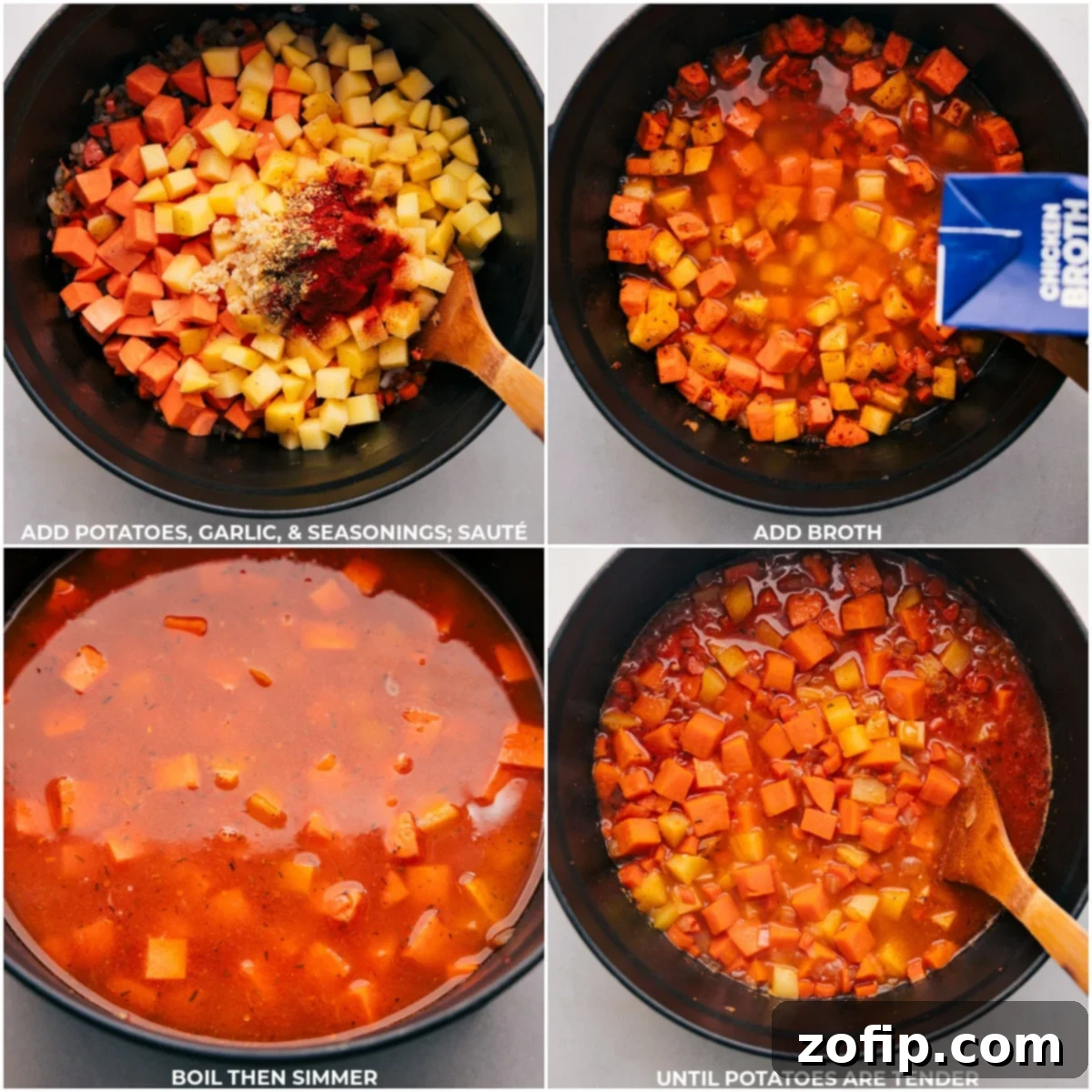 Cheesy Potato Soup feels like a warm hug in a bowl! Process steps illustrating the blending of the roux into the soup and the gradual addition of shredded cheese for a smooth, creamy finish.