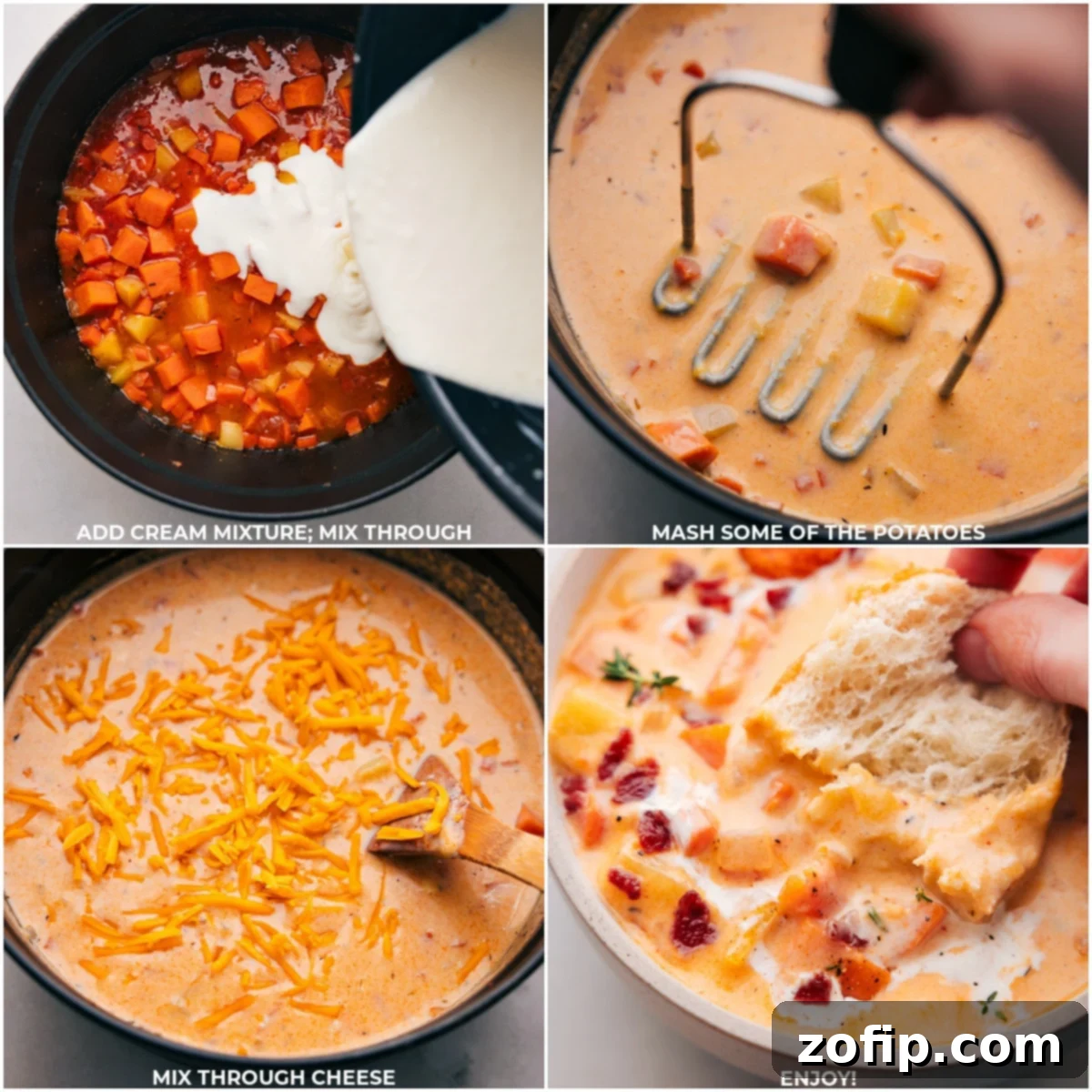 Feeling cold and miserable? Cheesy Potato Soup makes you feel all better Process photos showing the final garnishing of Cheesy Potato Soup before serving, with crispy bacon and fresh herbs.