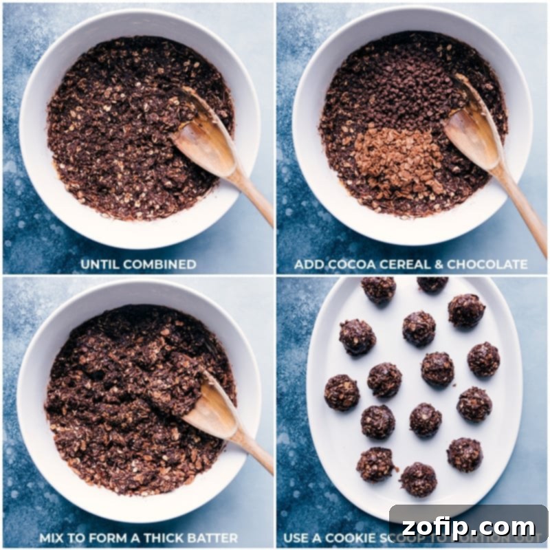 Process shot of mixing ingredients and forming chocolate peanut butter cookie balls