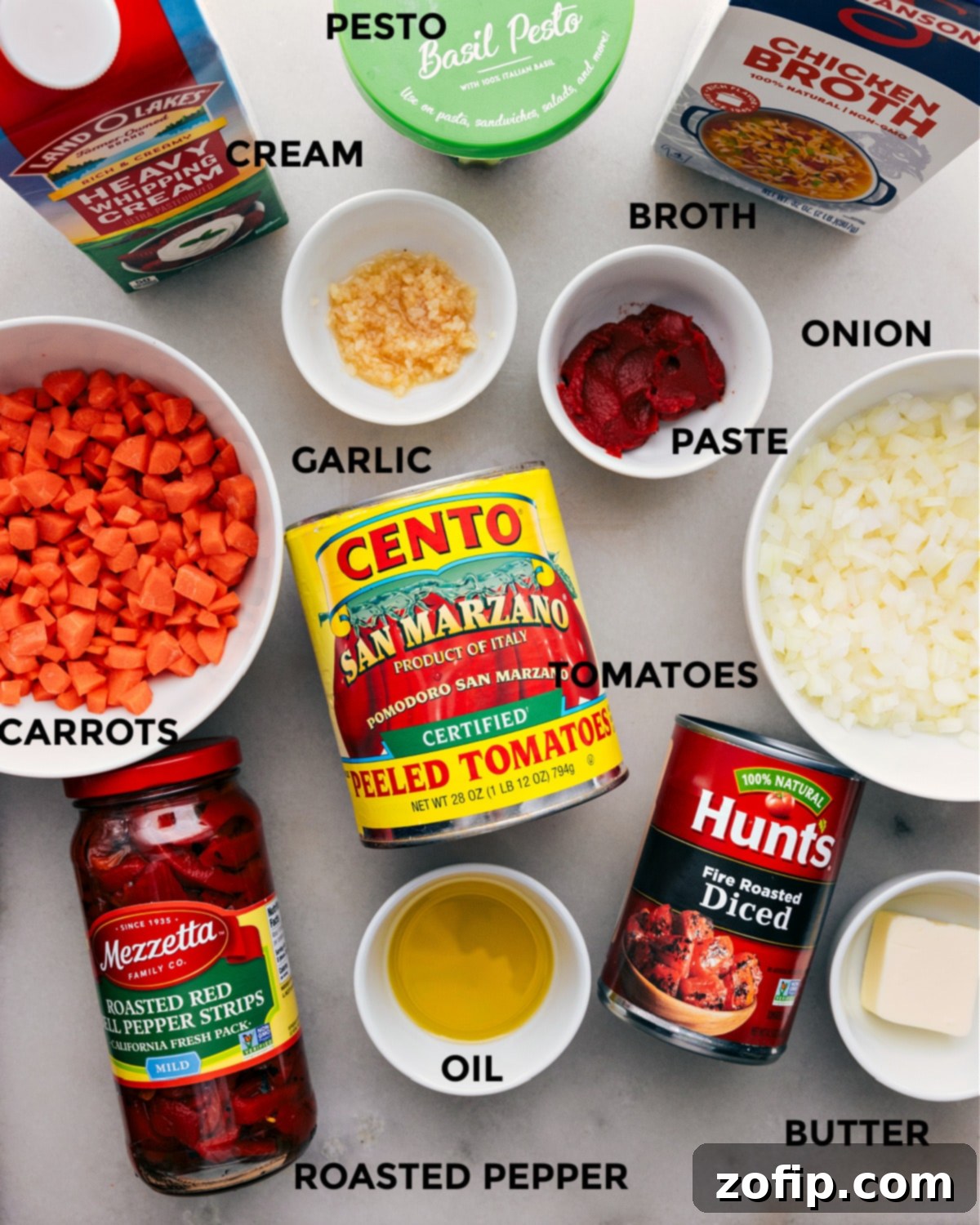 Key Ingredients for Roasted Red Pepper Soup All the fresh ingredients for Roasted Red Pepper Soup laid out on a kitchen counter, prepped and ready for cooking.