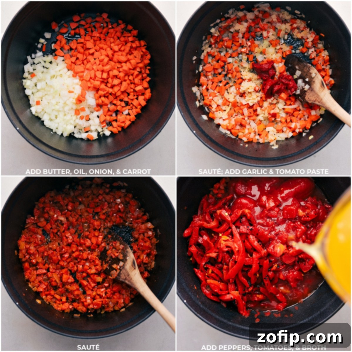 Making the Best Roasted Red Pepper Soup Step-by-step images showing vegetables being sautéed, then garlic, roasted red peppers, canned tomatoes, and chicken broth added to a large pot for the Roasted Red Pepper Soup.