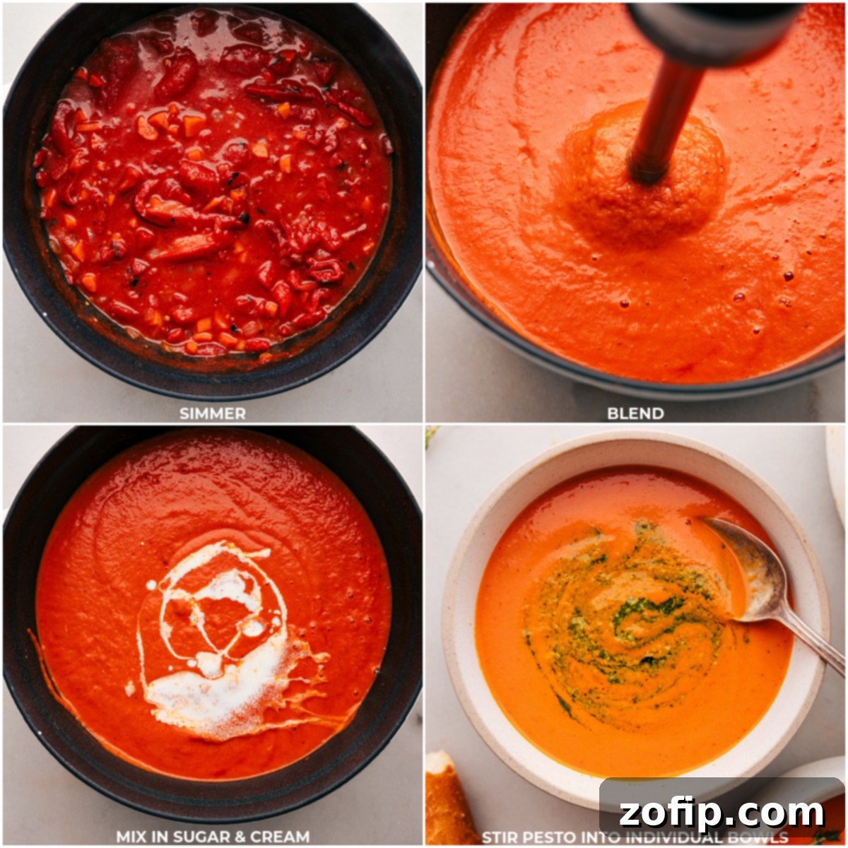 Finishing Touches for Roasted Red Pepper Soup Close-up of the soup being blended in a pot, followed by adding sugar and heavy cream to finish the Roasted Red Pepper Soup.