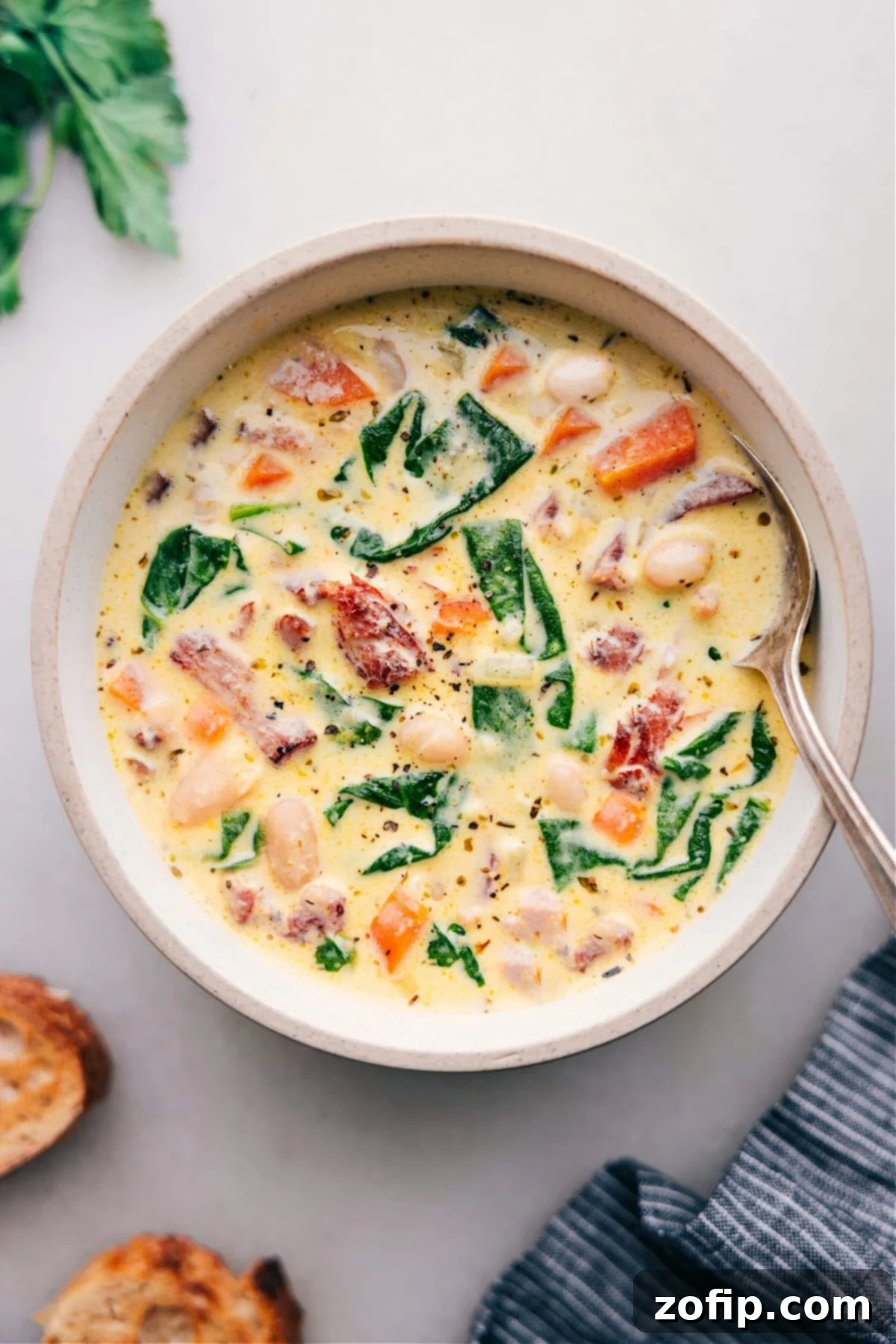 Big bowl of creamy Ham and Bean Soup ready to be enjoyed, garnished with fresh parsley.