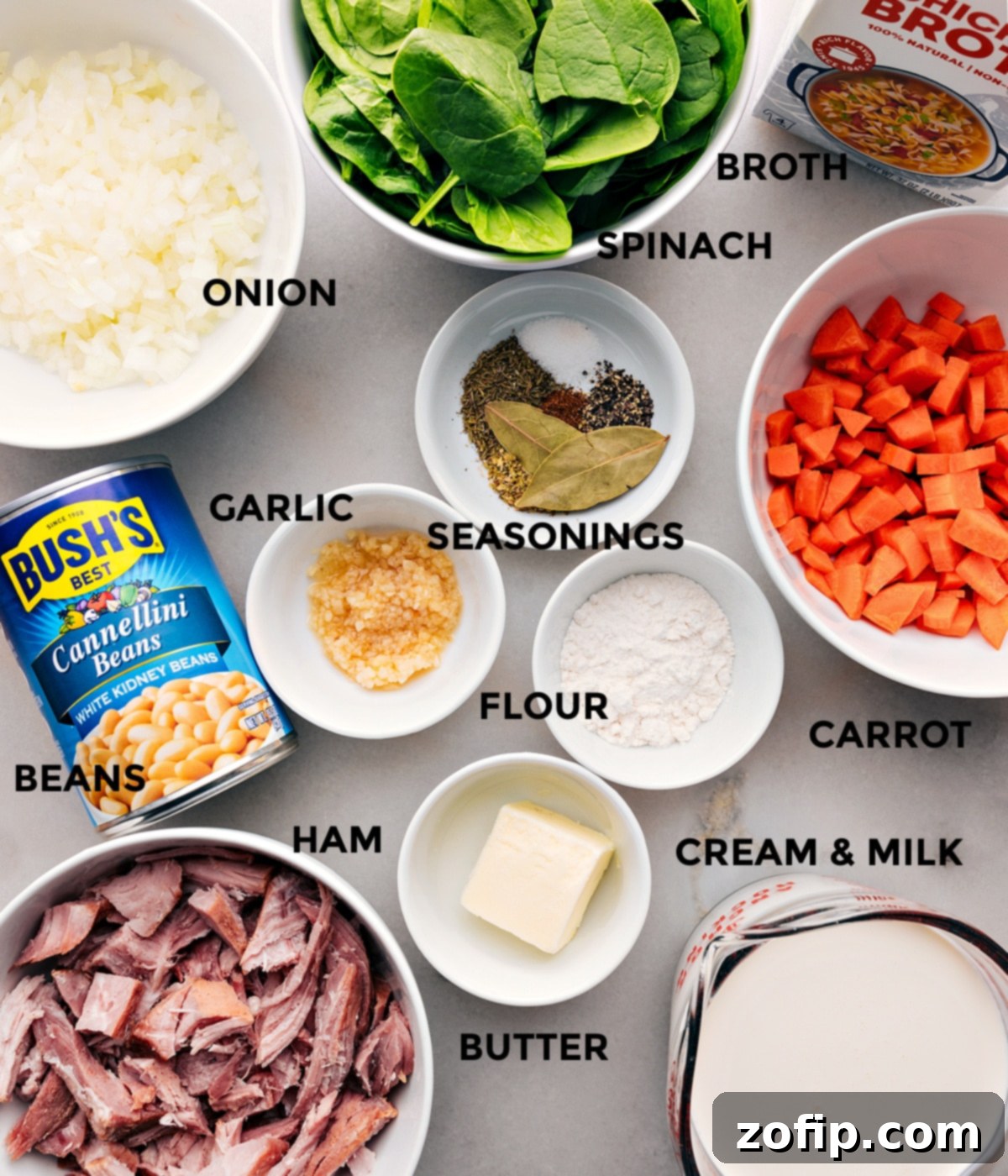 All ingredients for Ham and Bean Soup prepped and laid out for easy assembly and cooking.