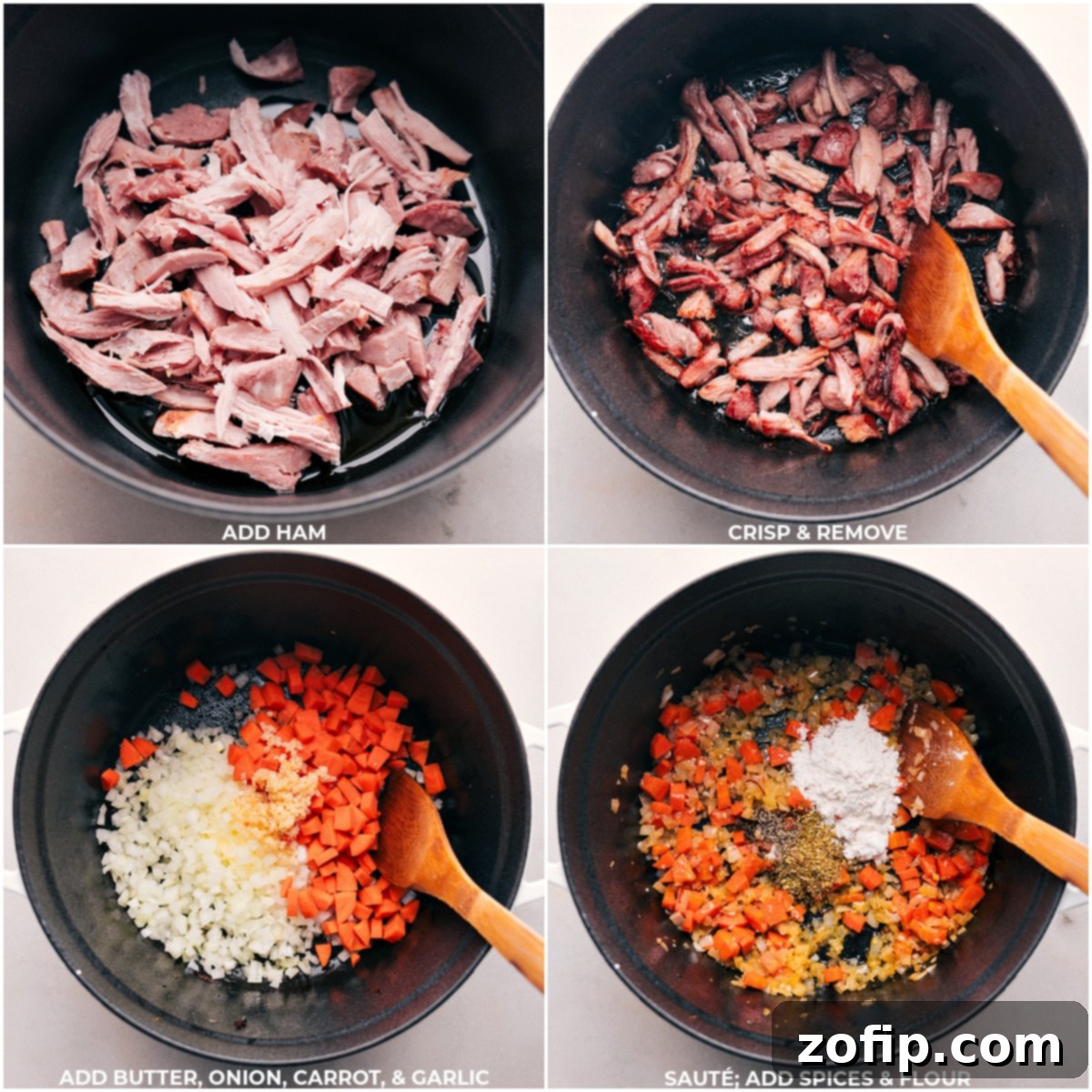 Step-by-step process: ham crisping, veggies sautéing, and spices/flour being added to the pot for Ham and Bean Soup.