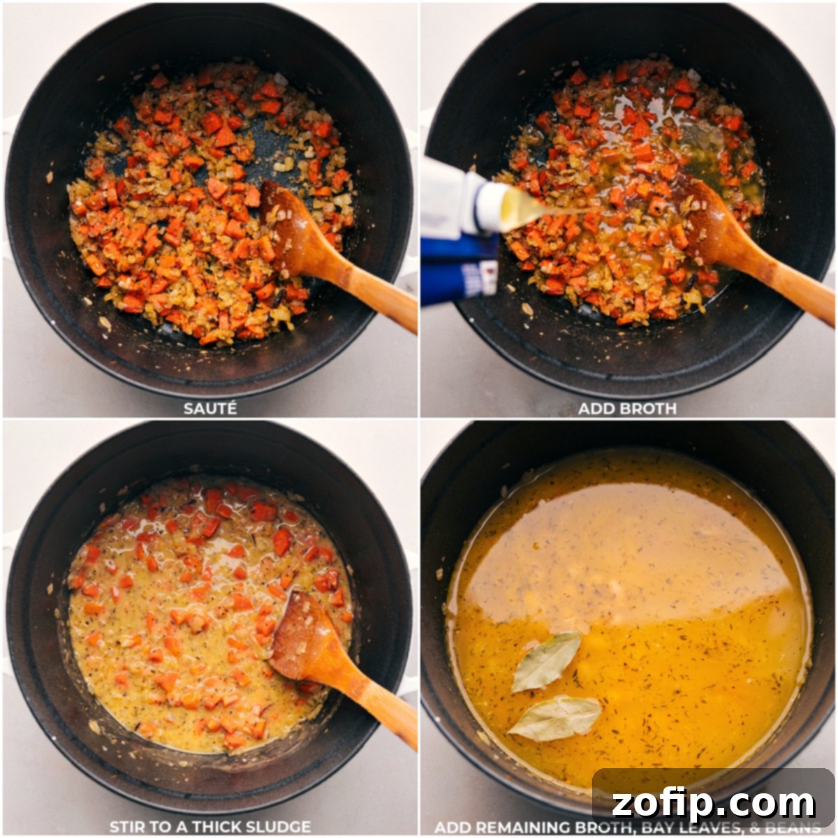 Chicken broth, bay leaves, and white beans being added to the pot, simmering to create a rich base for Ham and Bean Soup.